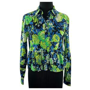 MSGM Milano Blouse Green Floral Cotton Collared Pleated Button Up Size 40 ITALY